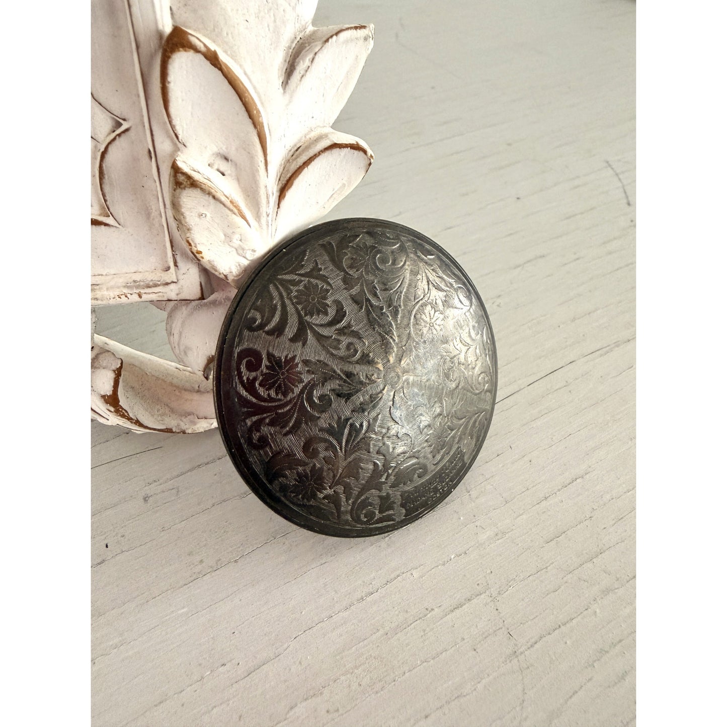 Vintage Antique Flaming Heart Madame Suzanne Boston Silver Compact