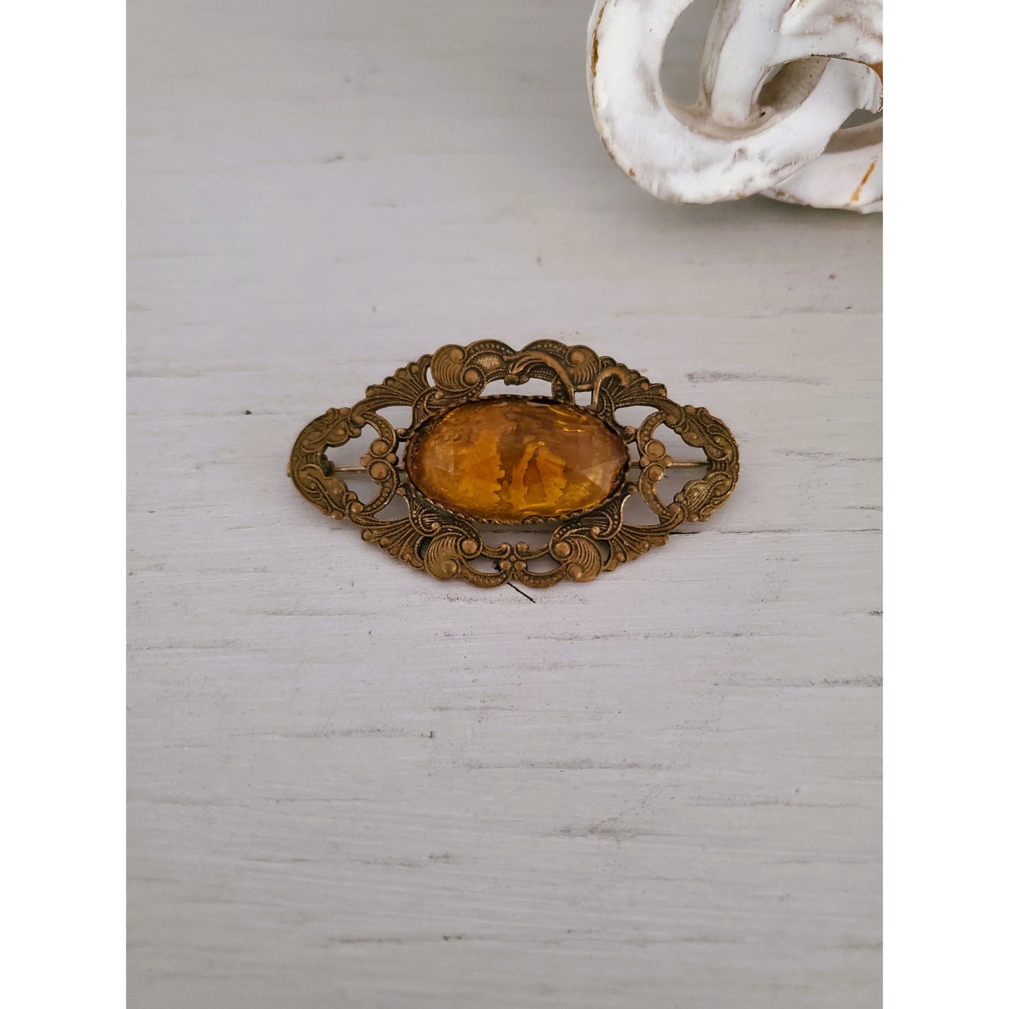 Vintage Art Deco Floral Filigree Amber Glass C Clasp Brooch