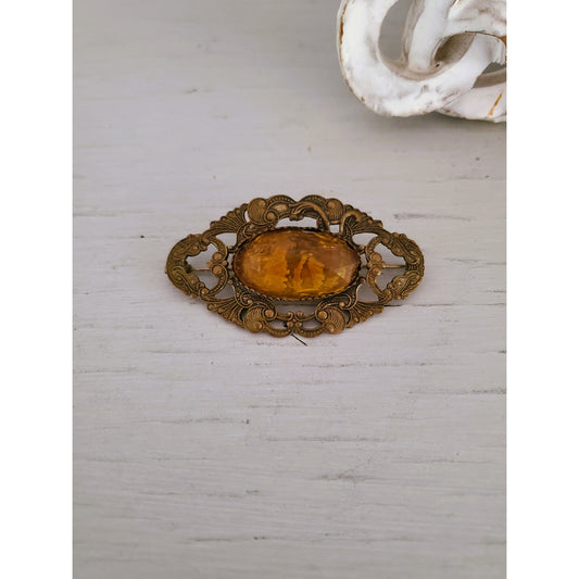 Vintage Art Deco Floral Filigree Amber Glass C Clasp Brooch