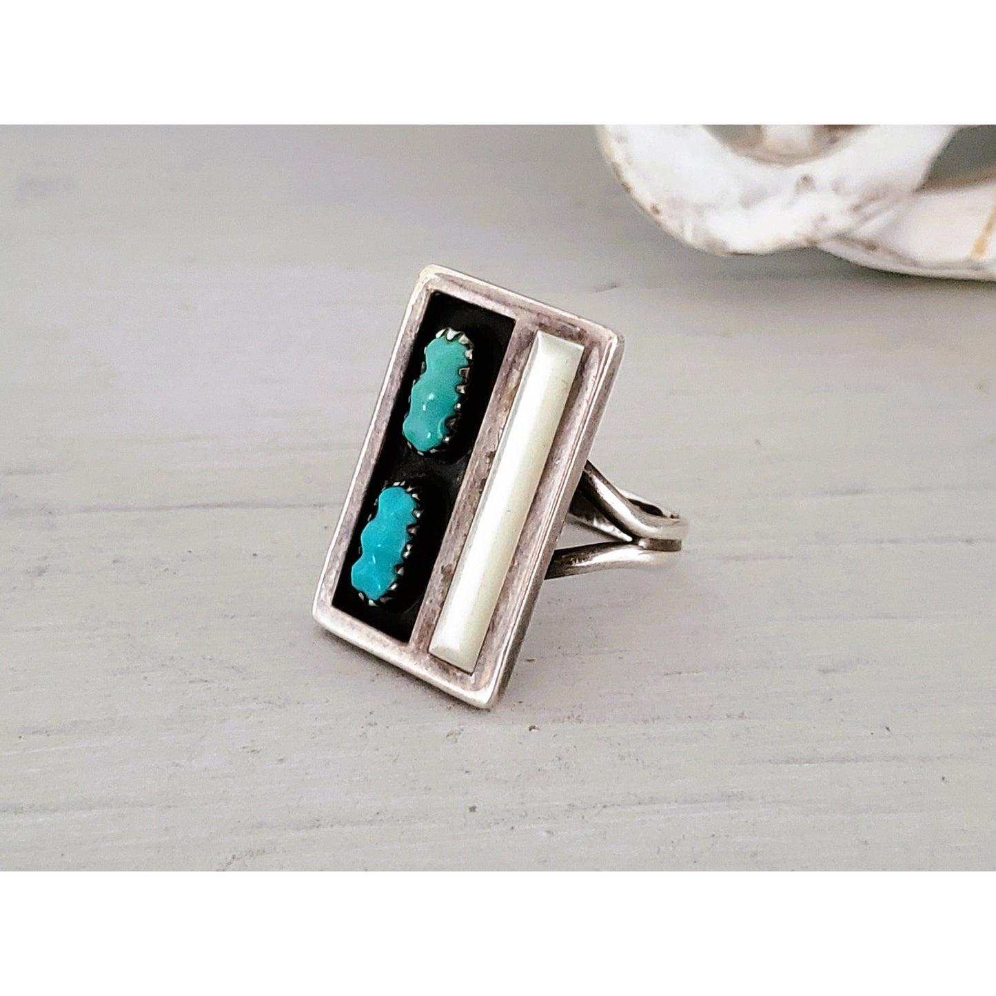 Vintage F. Panteah Zuni Sterling Silver Turquoise and Mother of Pearl Ring