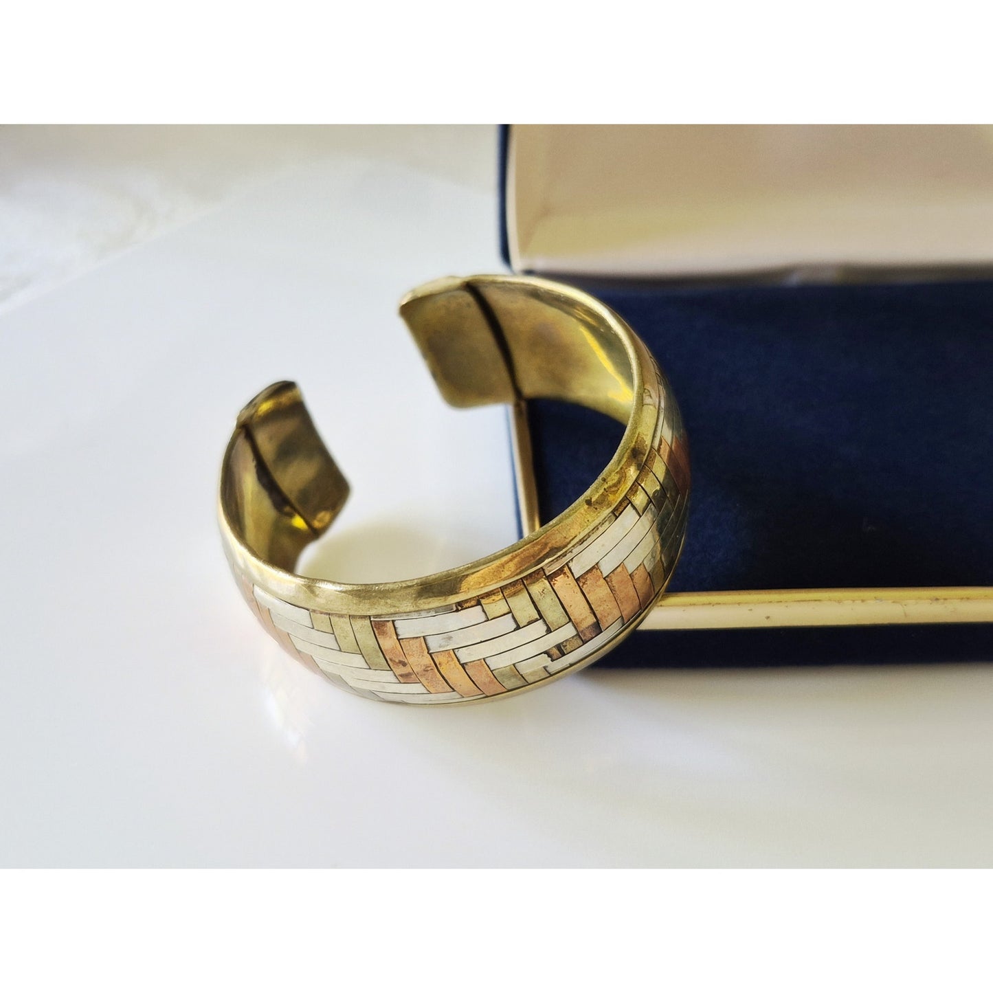 Vintage Brass Copper Sterling Silver Inter Woven Bangle Bracelet