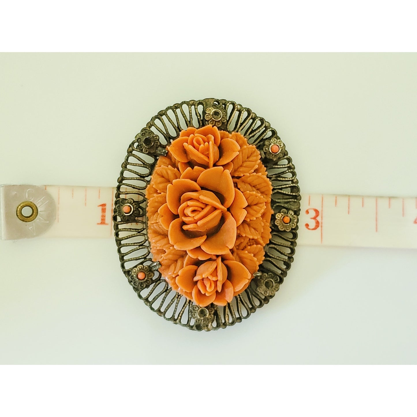 Vintage Red Celluloid Floral Antique Brooch