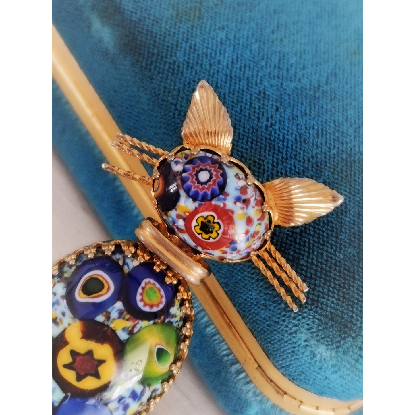 Vintage Millefiori Cat Brooch with Deep Blue Background