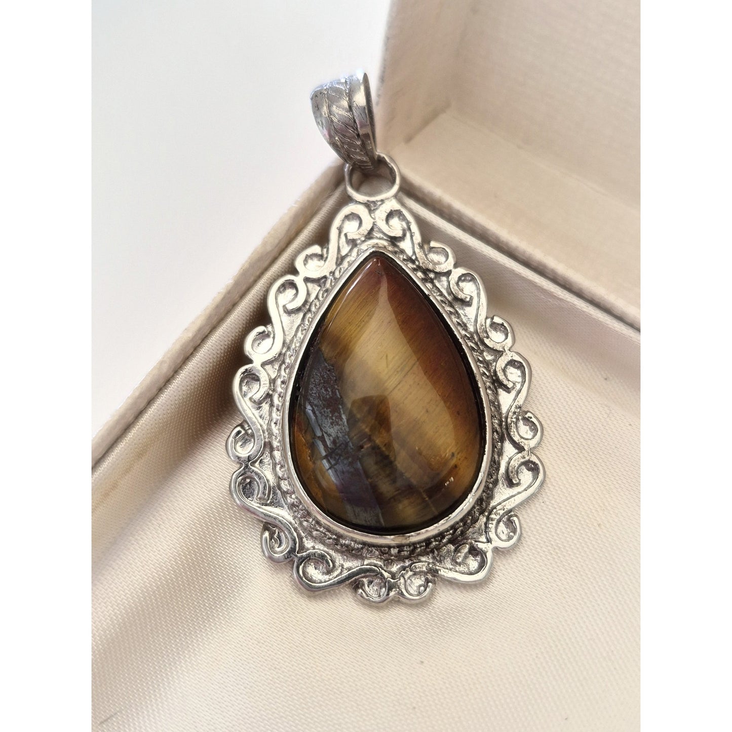 Vintage Large Silver-tone Pear Tiger-Eye Pendant