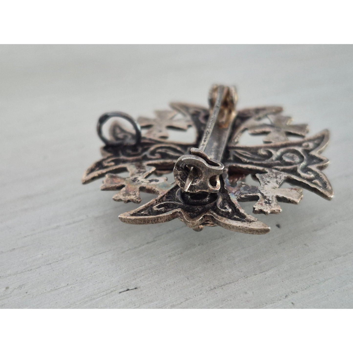 Vintage Silver Purple Stone Maltese Cross Brooch Pendant