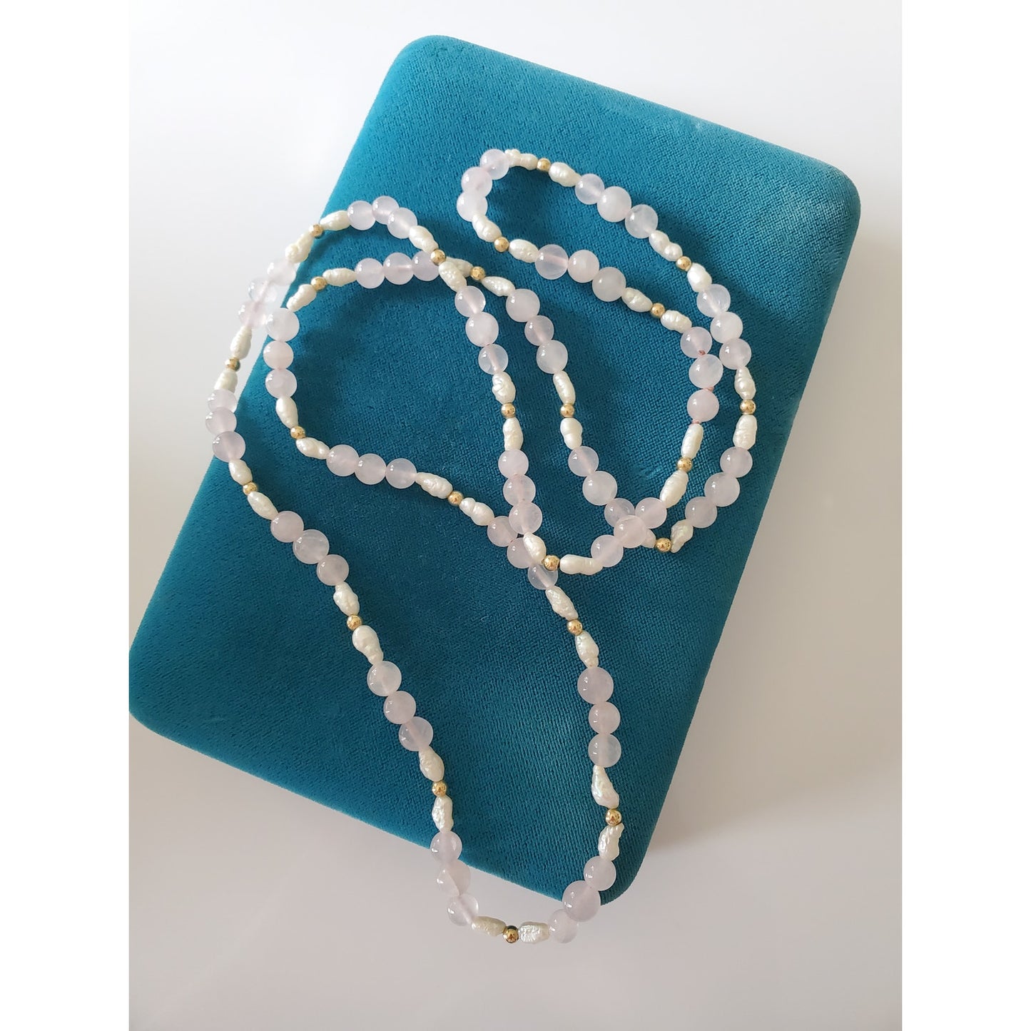Vintage Rose Quartz Rice Pearl and Gold-tone Beaded Necklace