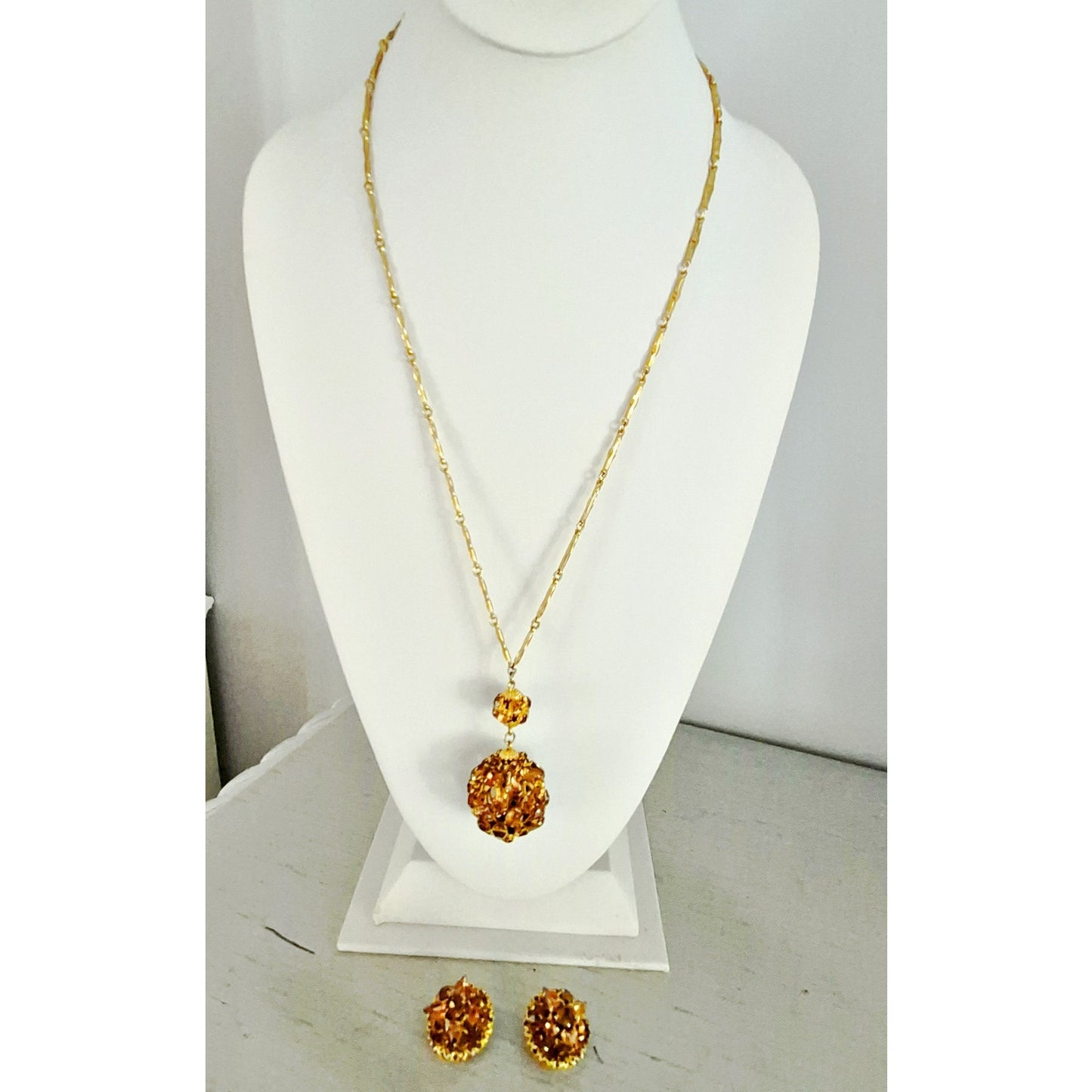 Vintage 1970s Citrine Crystal Orb Lariat Gold Plated Necklace and Earring Set