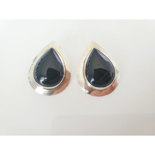 Vintage Navajo Onyx Pear Sterling Silver Earrings