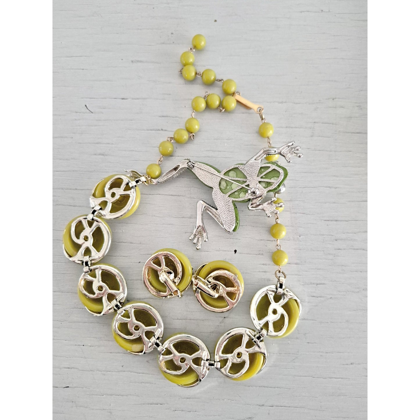 Vintage Mid-Century Green Necklace Earring and Frog Brooch Set