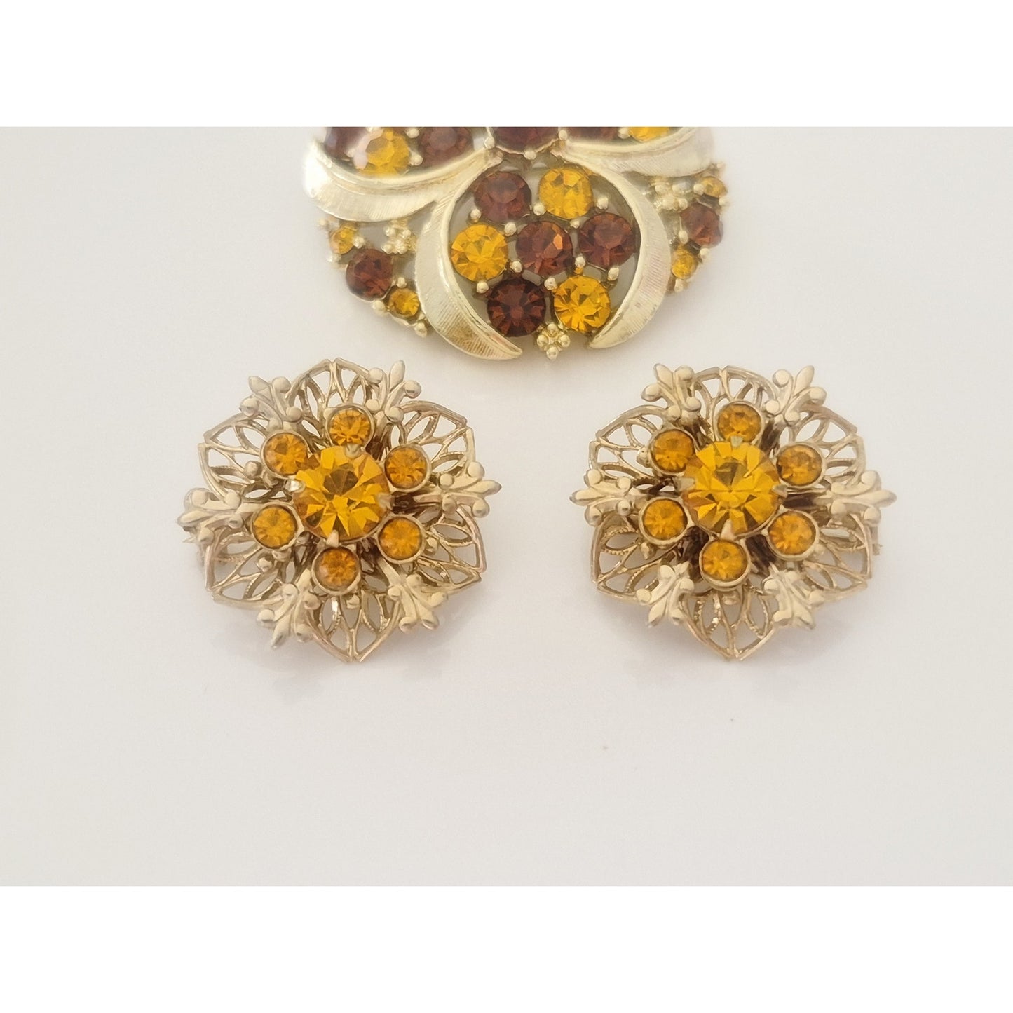 Vintage MCM Amber and Brown Rhinestone Brooch and Earring Set