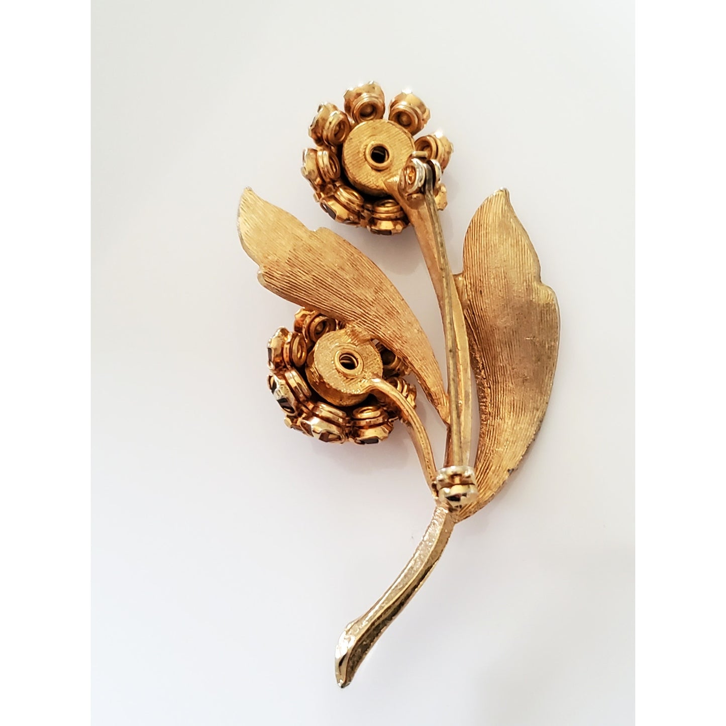 Vintage Double Floral Amber and Brown Rhinestone Brooch