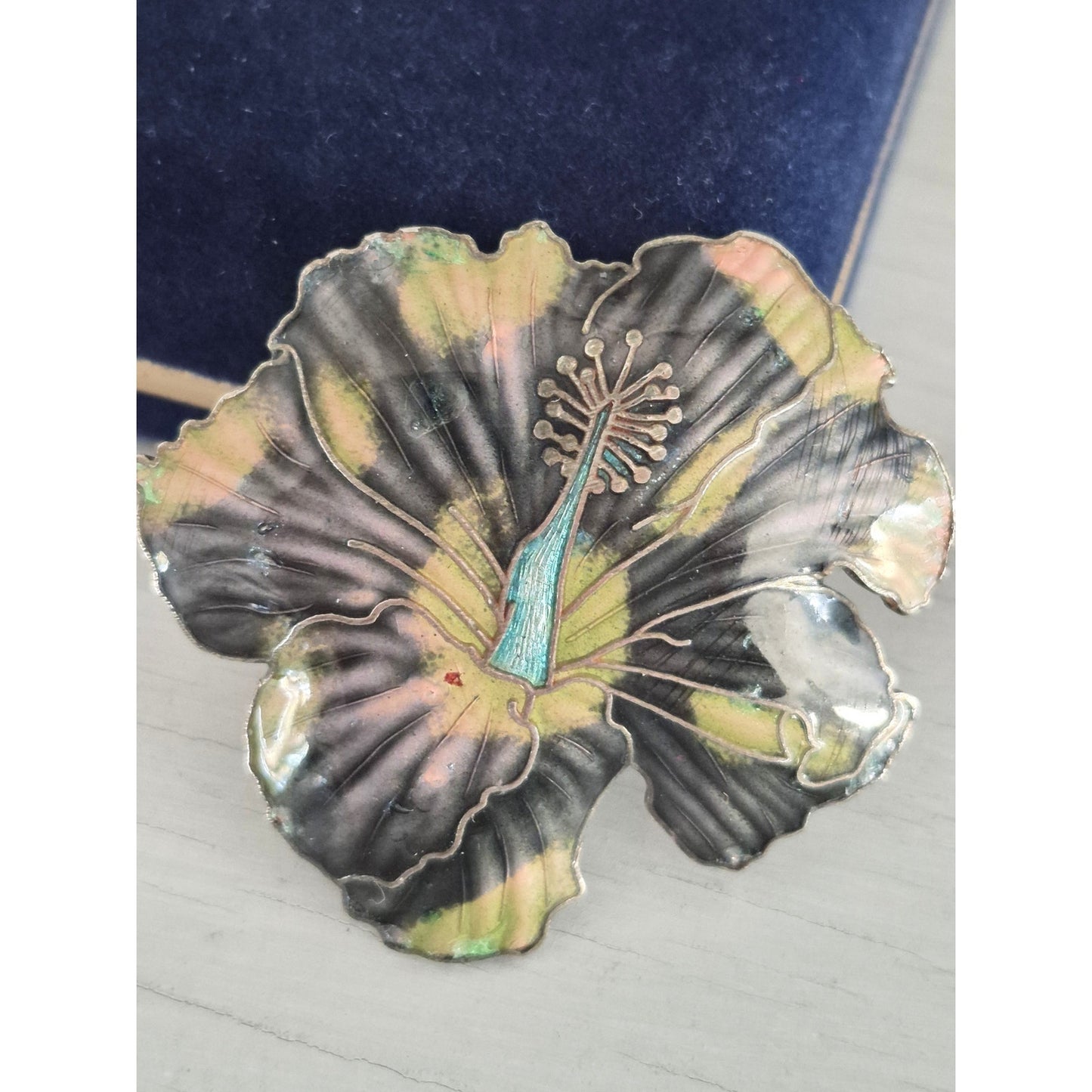 Vintage Black and Yellow Enamel and Silver-plated Hibiscus Brooch Pin