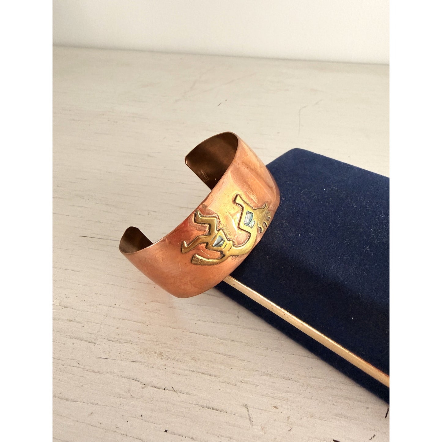Aztec Mexico Brass Copper Inlaid Abalone Cuff Bracelet