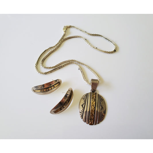 Vintage Sterling Silver and 12K Gold Filled Necklace and Earring Set