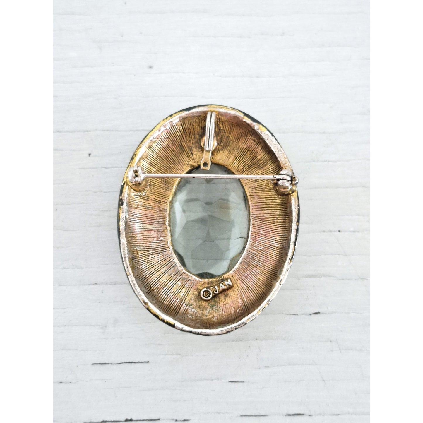 Vintage Black Enamel Light Blue Mourning JAN Designer Brooch