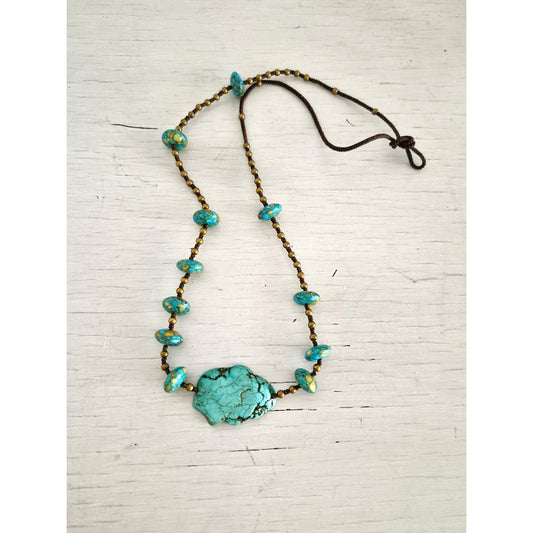 Vintage Faux Turquoise Beaded Cord Handmade Necklace