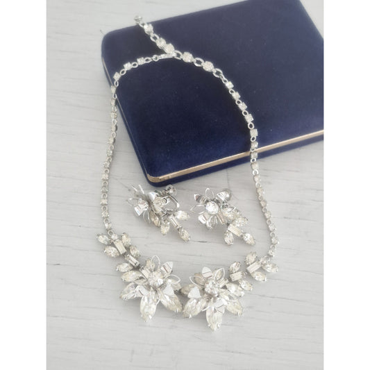 Vintage Duane Signed Floral Rhinestone Necklace and Earring Set