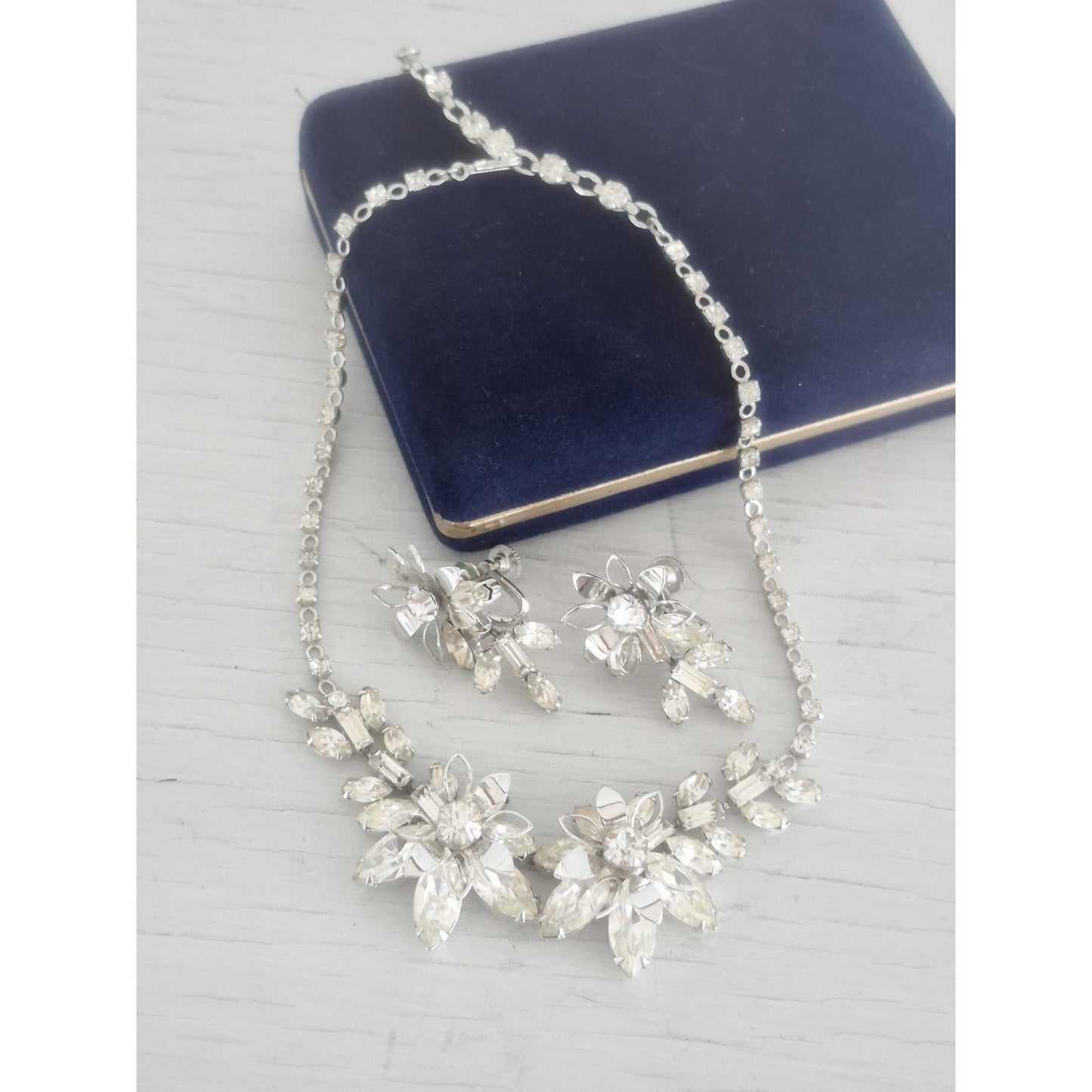 Vintage Duane Signed Floral Rhinestone Necklace and Earring Set