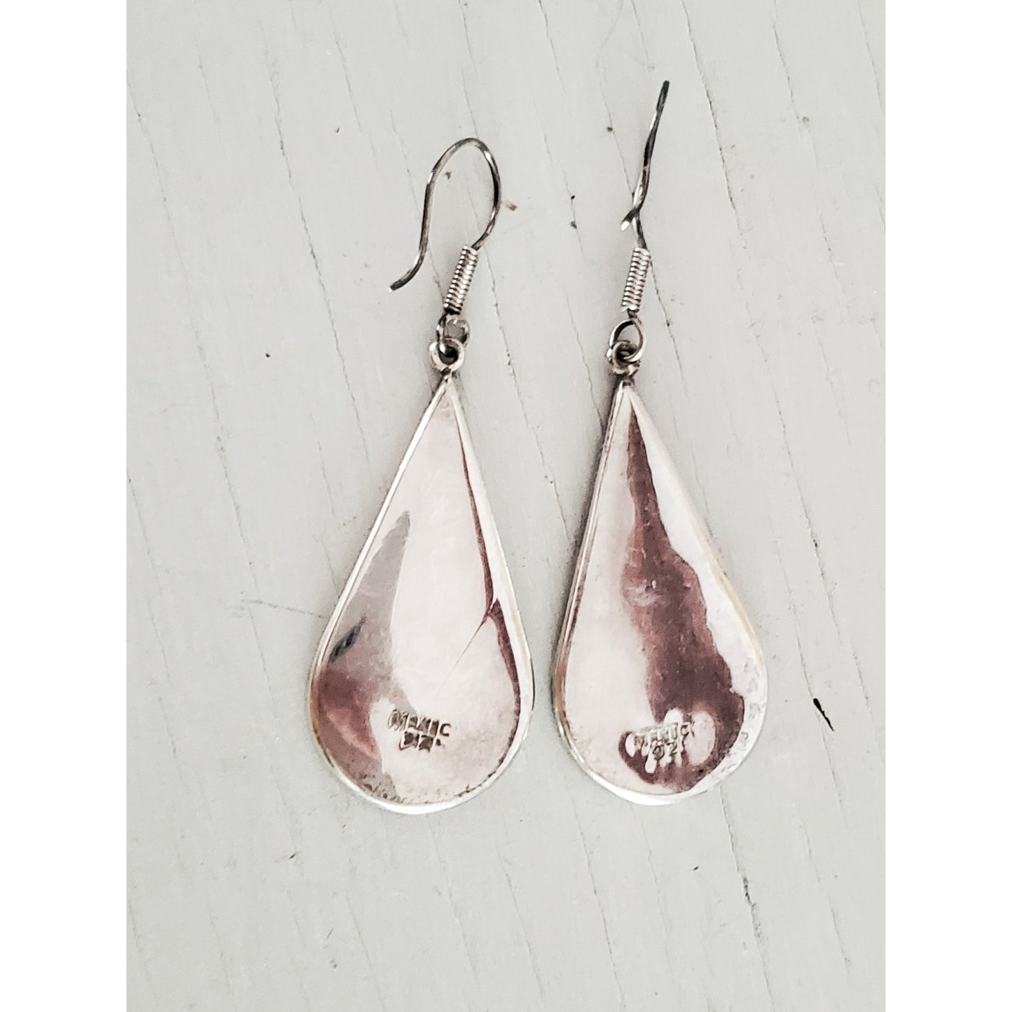 Vintage Sterling Silver Black Enamel & Abalone Shell Dangle Drop Earrings
