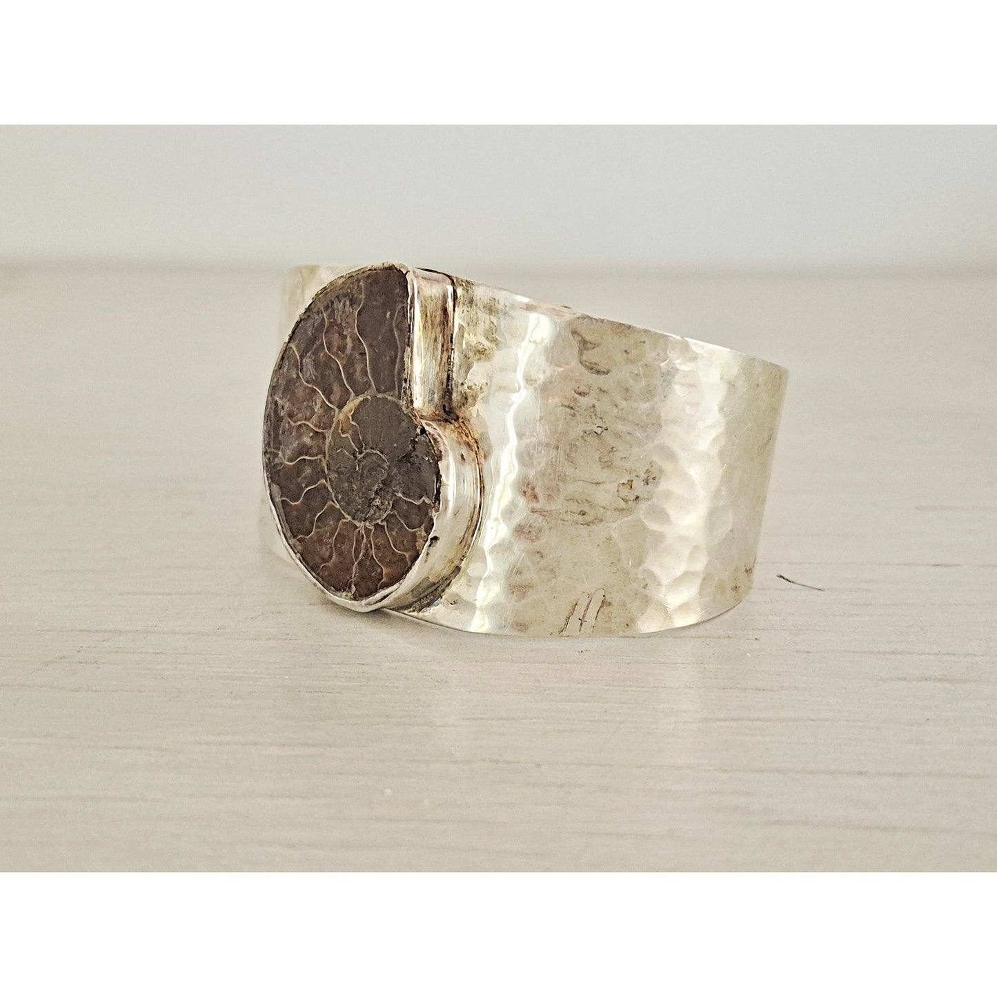 Vintage Mexican Hammered Sterling Silver Ammonite Fossil Cuff Bracelet