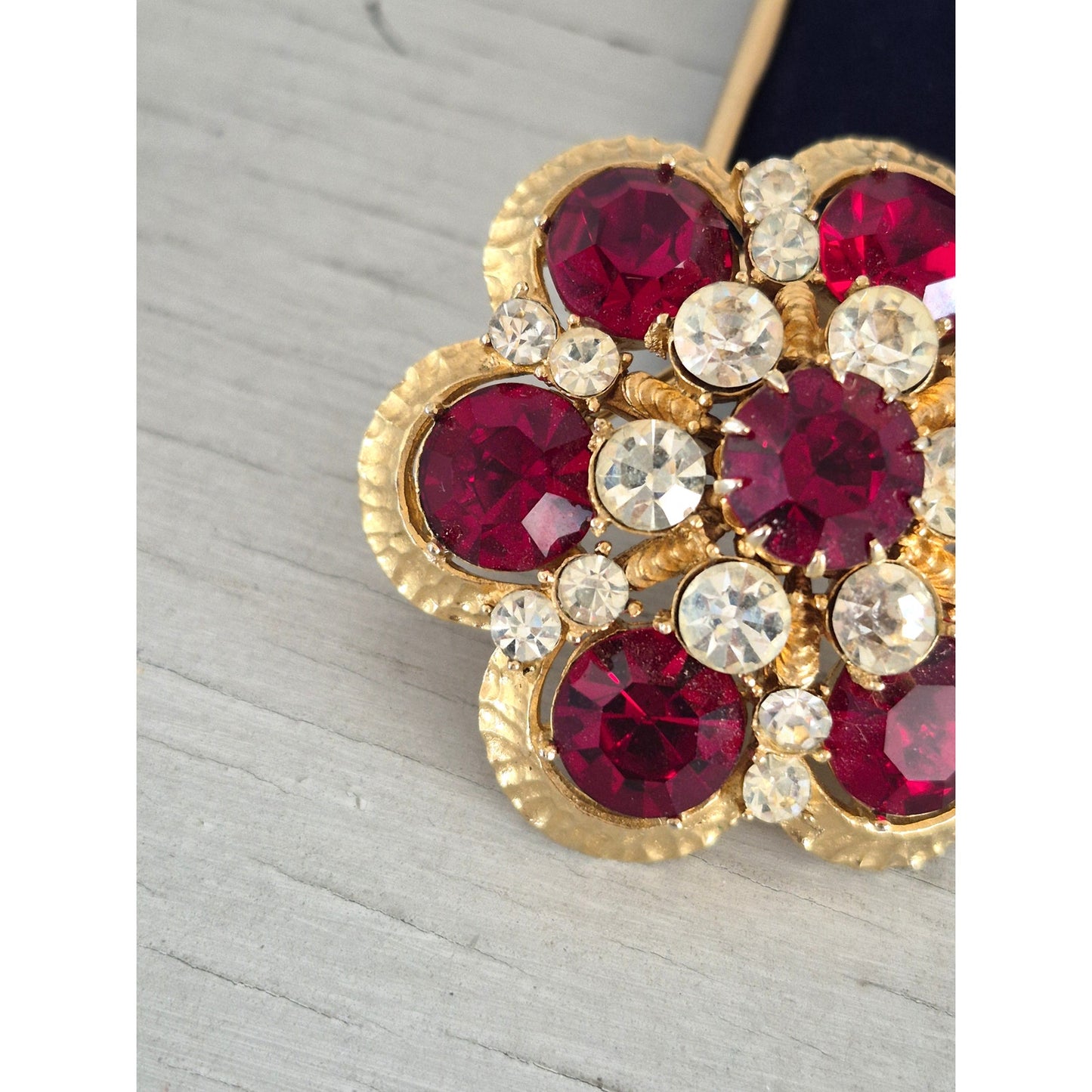 Vintage Ruby Red Clear Crystal Floral Dome Francois Designer Brooch Pendant