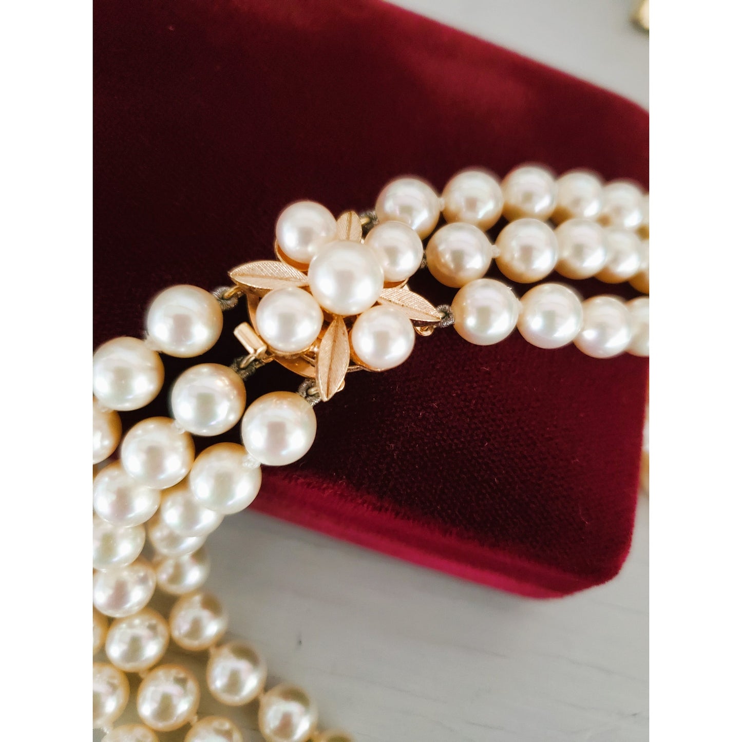 Vintage Majorica Triple Strand Pearl Necklace with Box Clasp