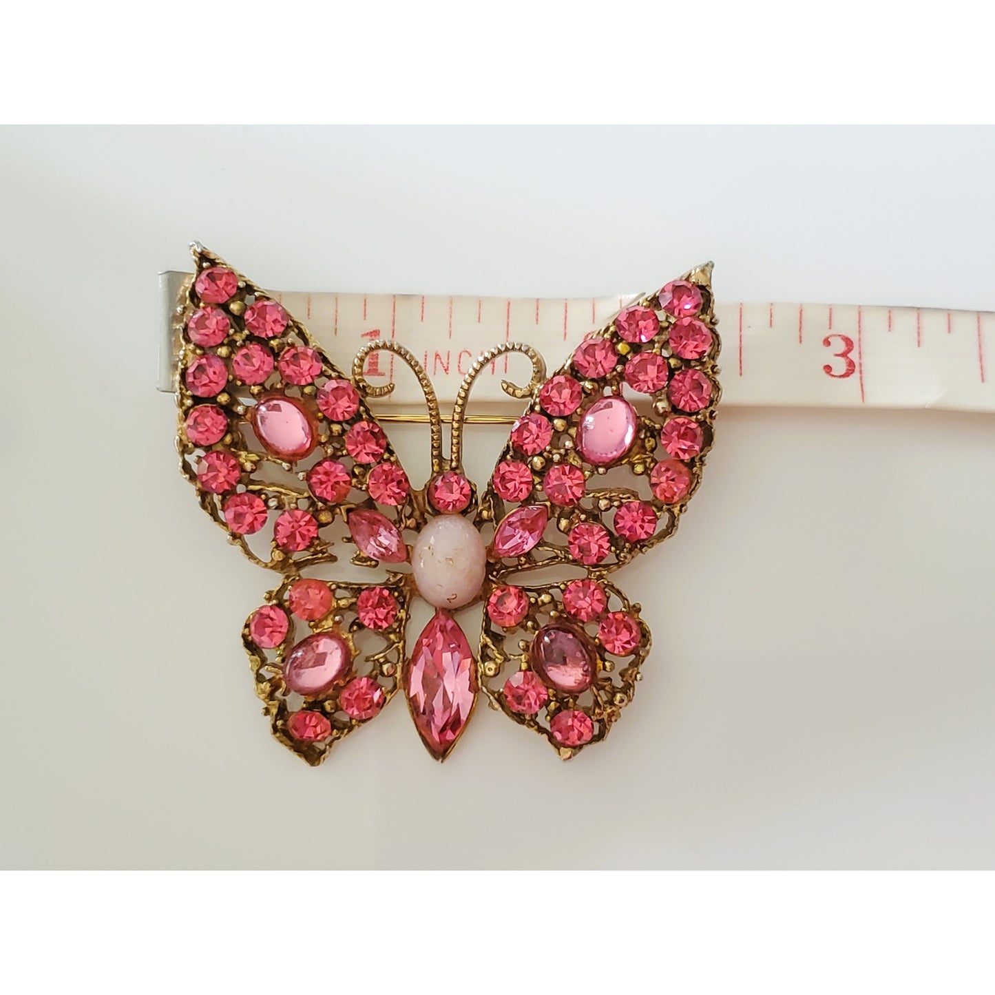 Vintage Pink Rhinestone and Gold Tone Butterfly Brooch