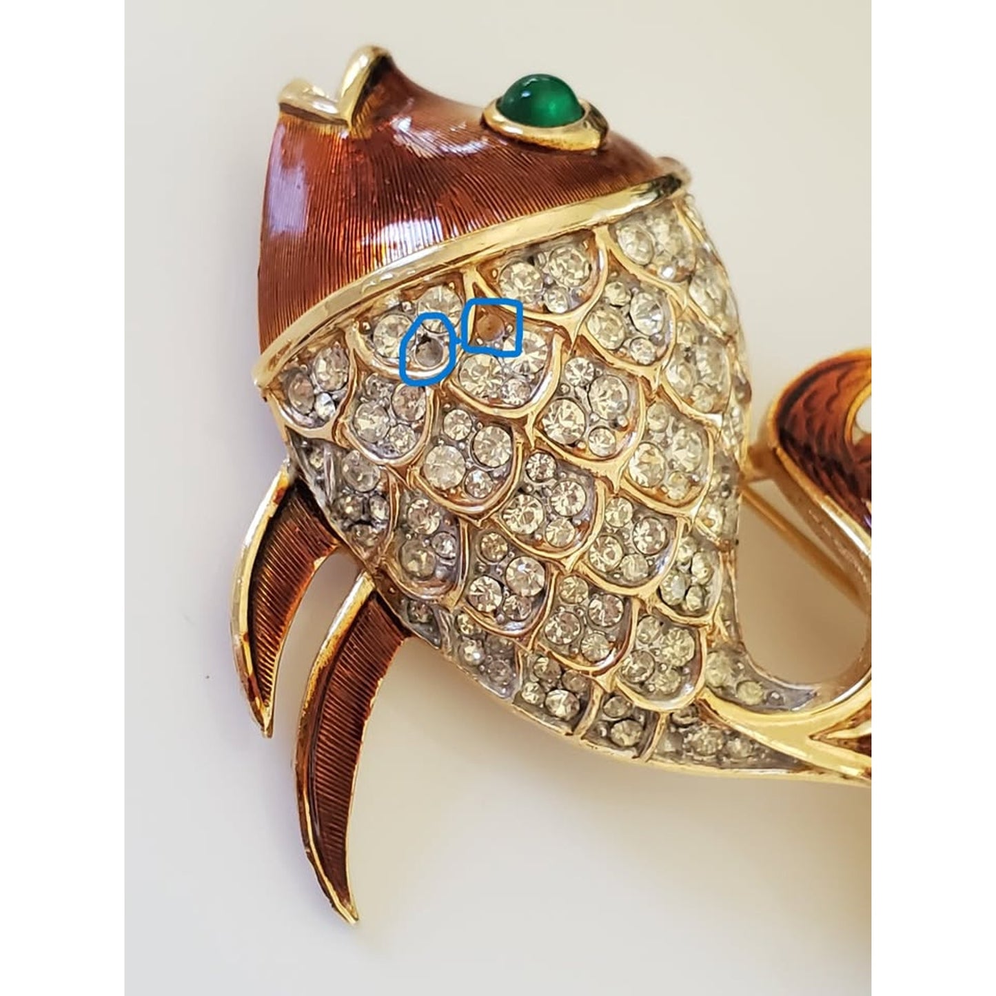 Vintage 1960s CROWN TRIFARI Signed Amber Enamel & Clear Crystal Rhinestone Gold Fish Brooch