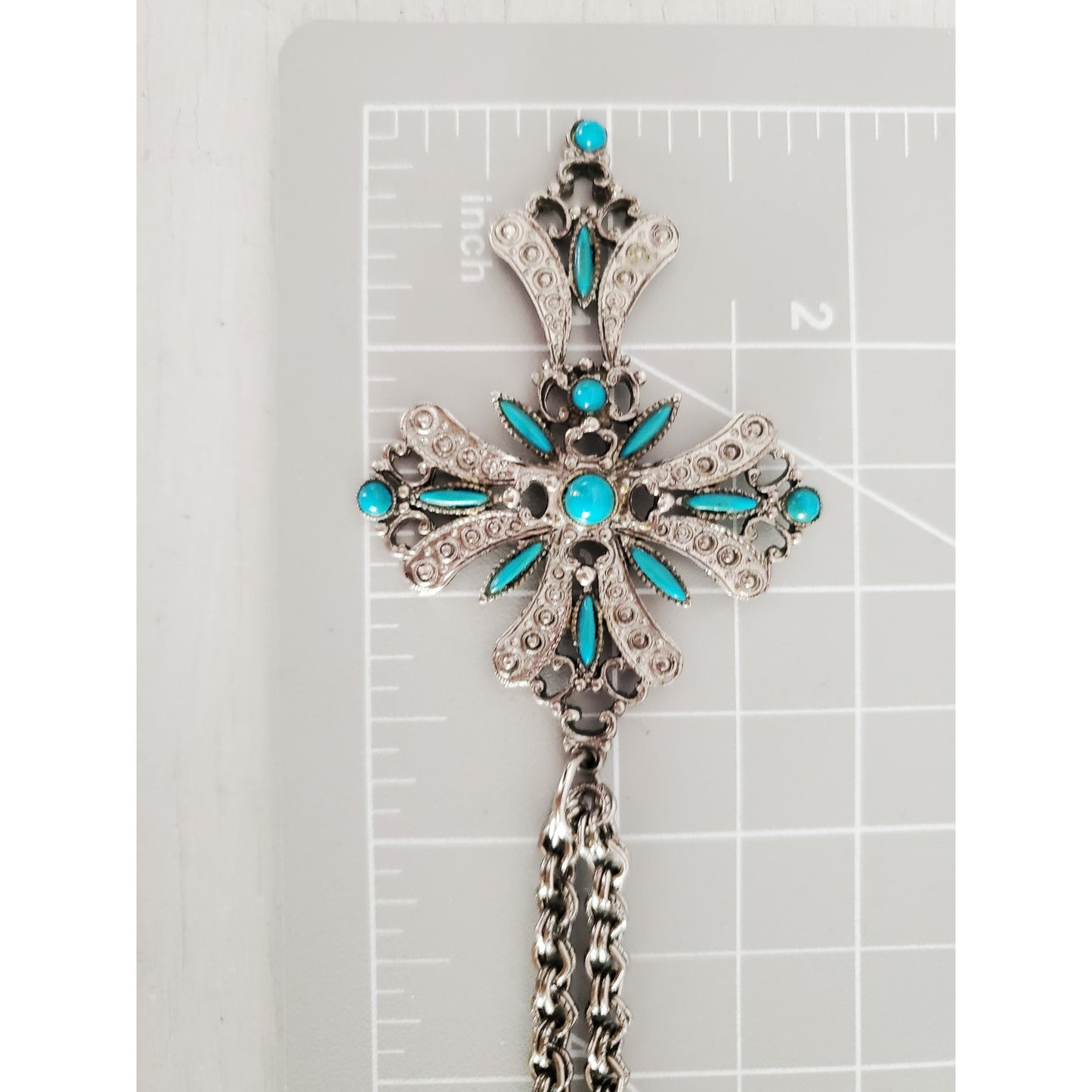 Vintage Silver-tone Faux Turquoise Cross Necklace