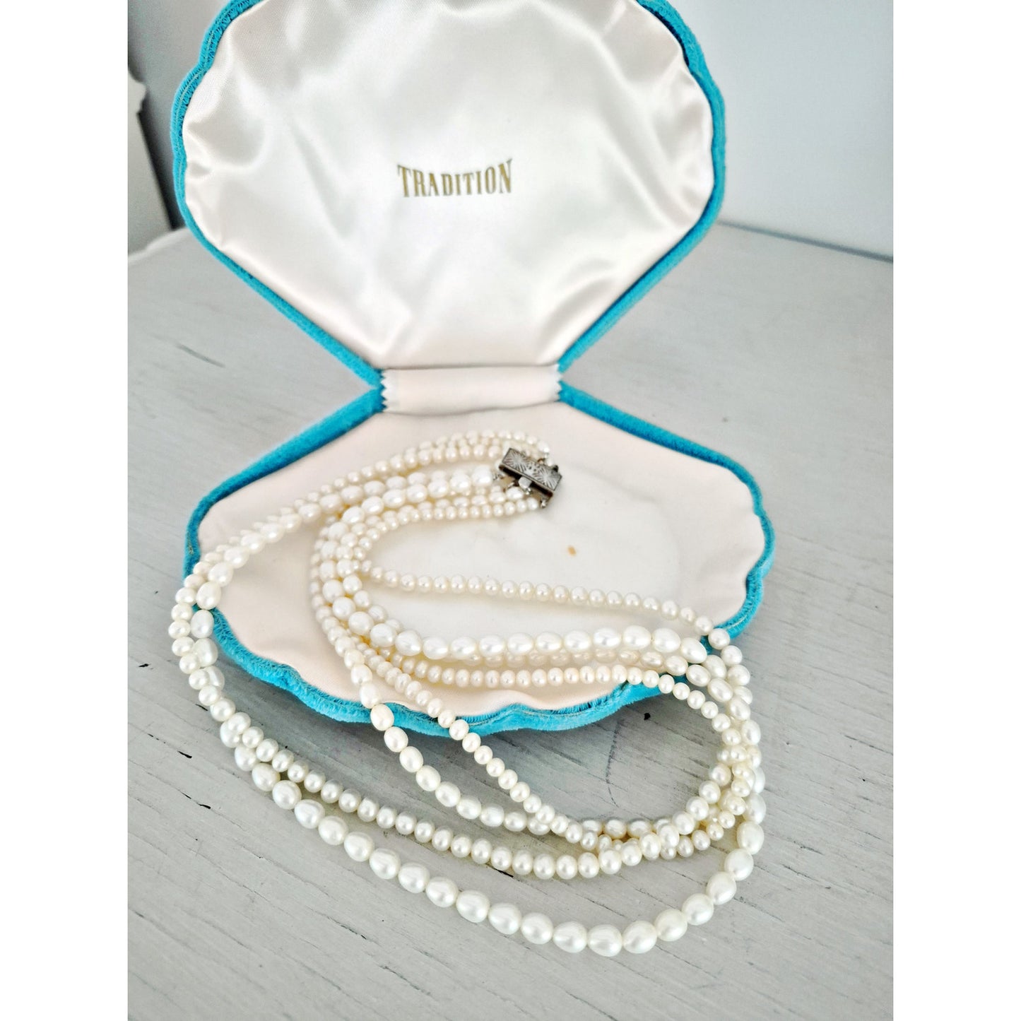 Vintage Sterling Silver 4 Strand Cultured Pearl Choker Necklace with Box Clasp