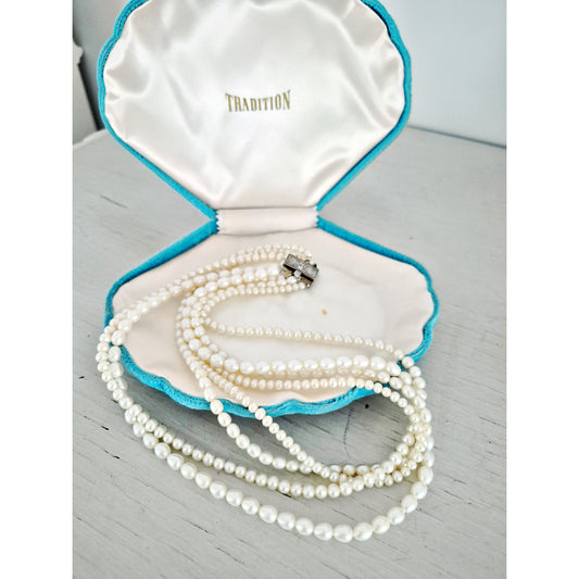 Vintage Sterling Silver 4 Strand Cultured Pearl Choker Necklace with Box Clasp