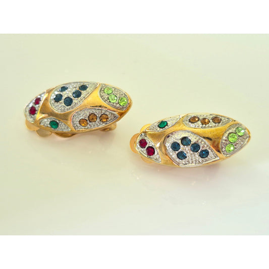 Vintage Gold-tone Muli-color Pave Rhinestone Earrings