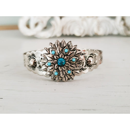 Vintage Turquoise and Silver Tone Floral Cuff Bracelet