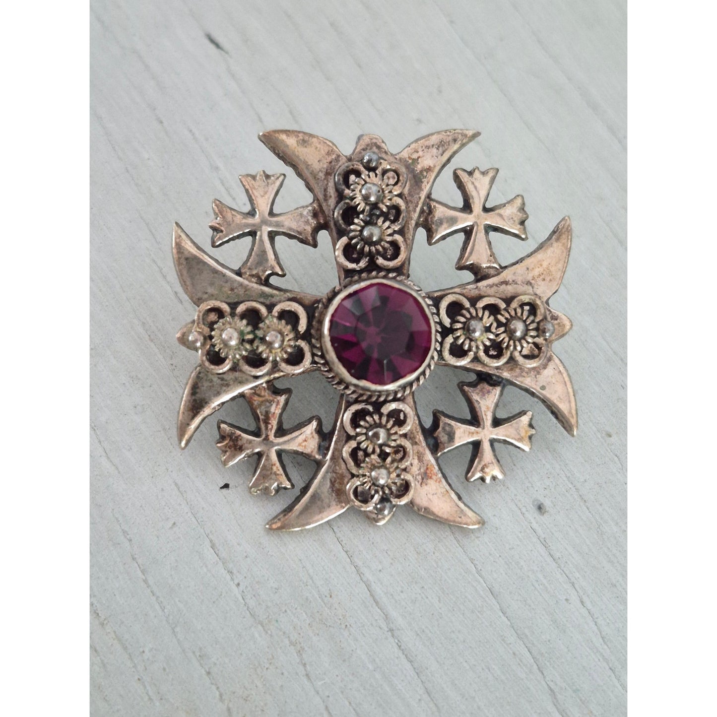 Vintage Silver Purple Stone Maltese Cross Brooch Pendant