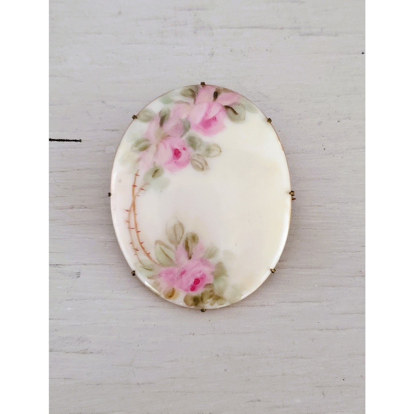 Antique Hand Painted Pink Oval Rose Brooch