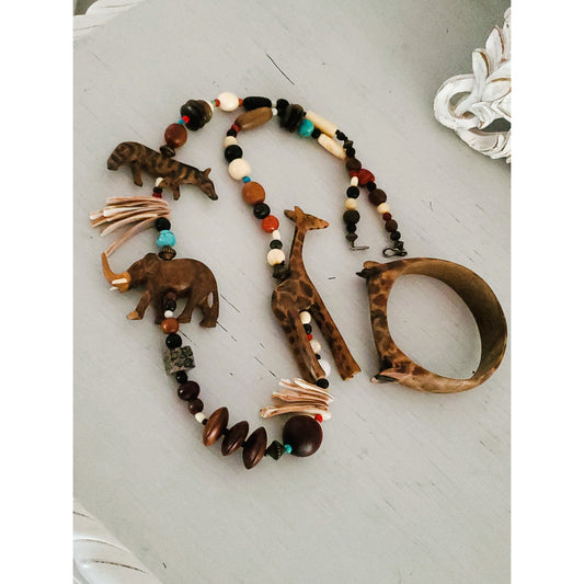 African Tribal Wood Animal Necklace and Bracelet Set