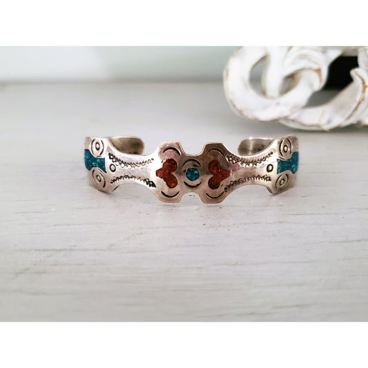 Vintage Sterling Silver Navajo Turquoise and Coral Cuff Braclet