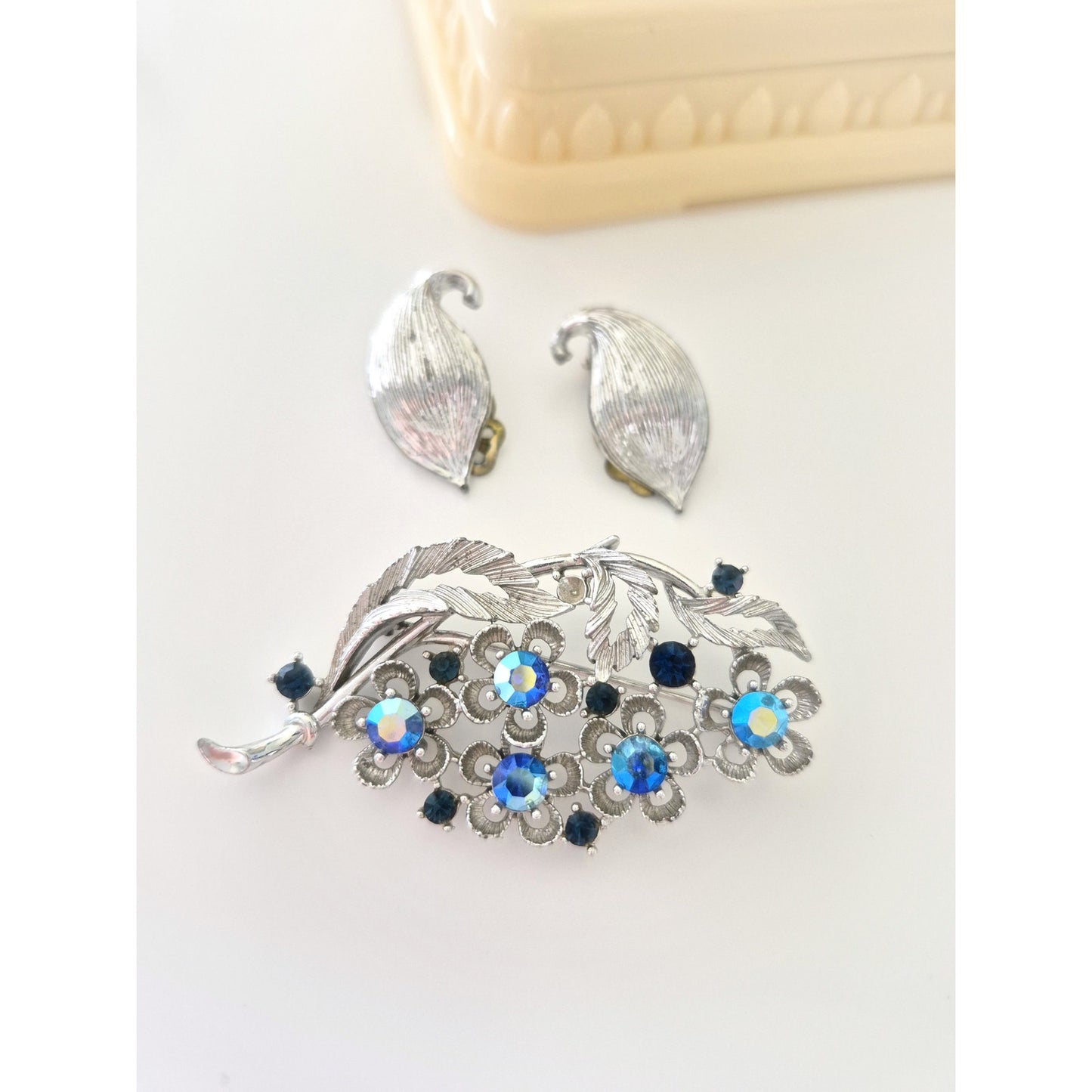 Vintage Lisner Silver-tone Blue Rhinestone Brooch and Earring Lot