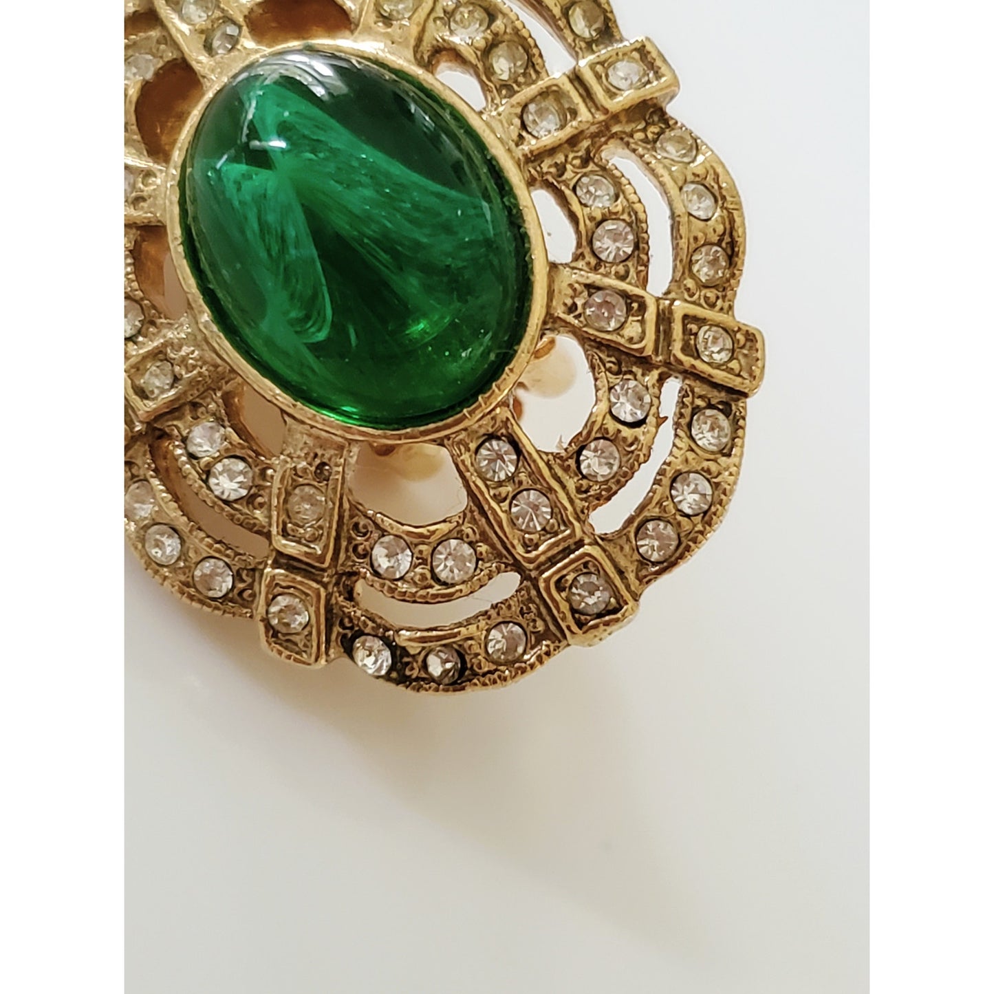 Vintage Green and Gold Tone Crystal Clip On Earrings