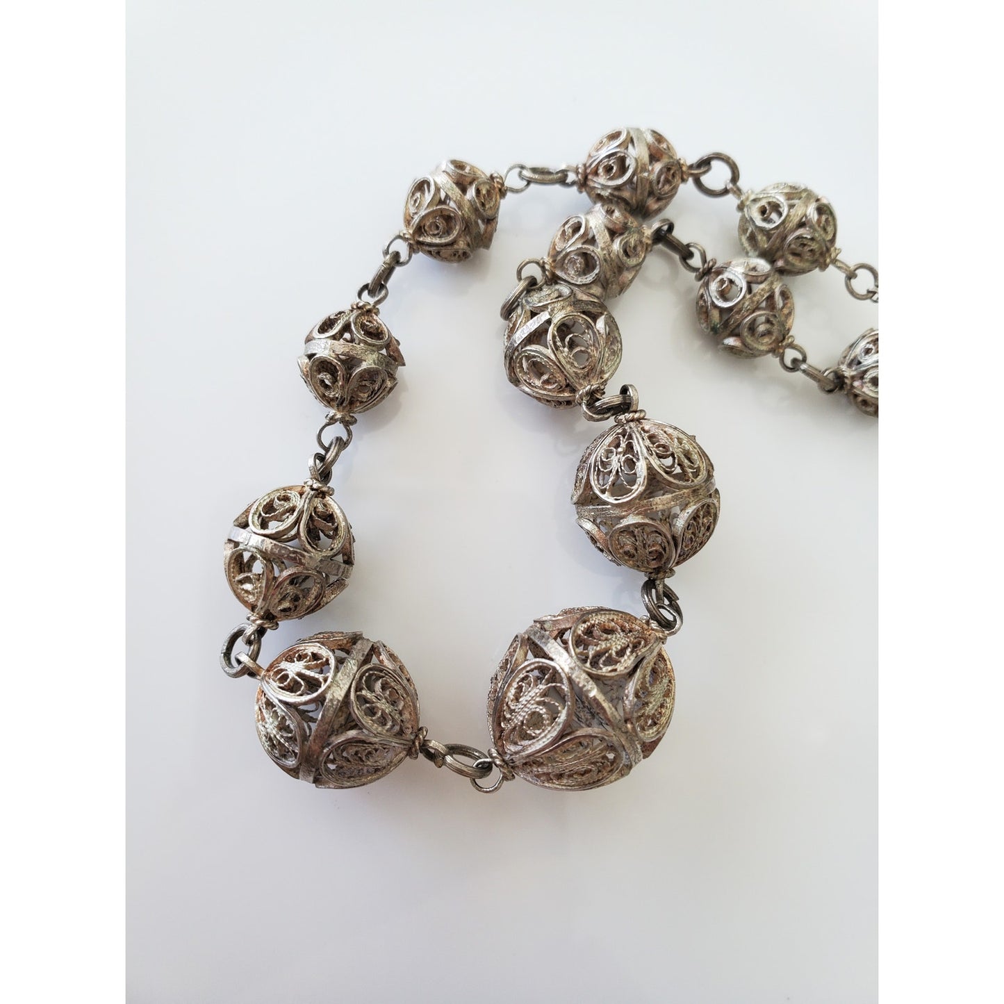 Vintage Byzantine Style Silver Graduated Filigree Bead Necklace