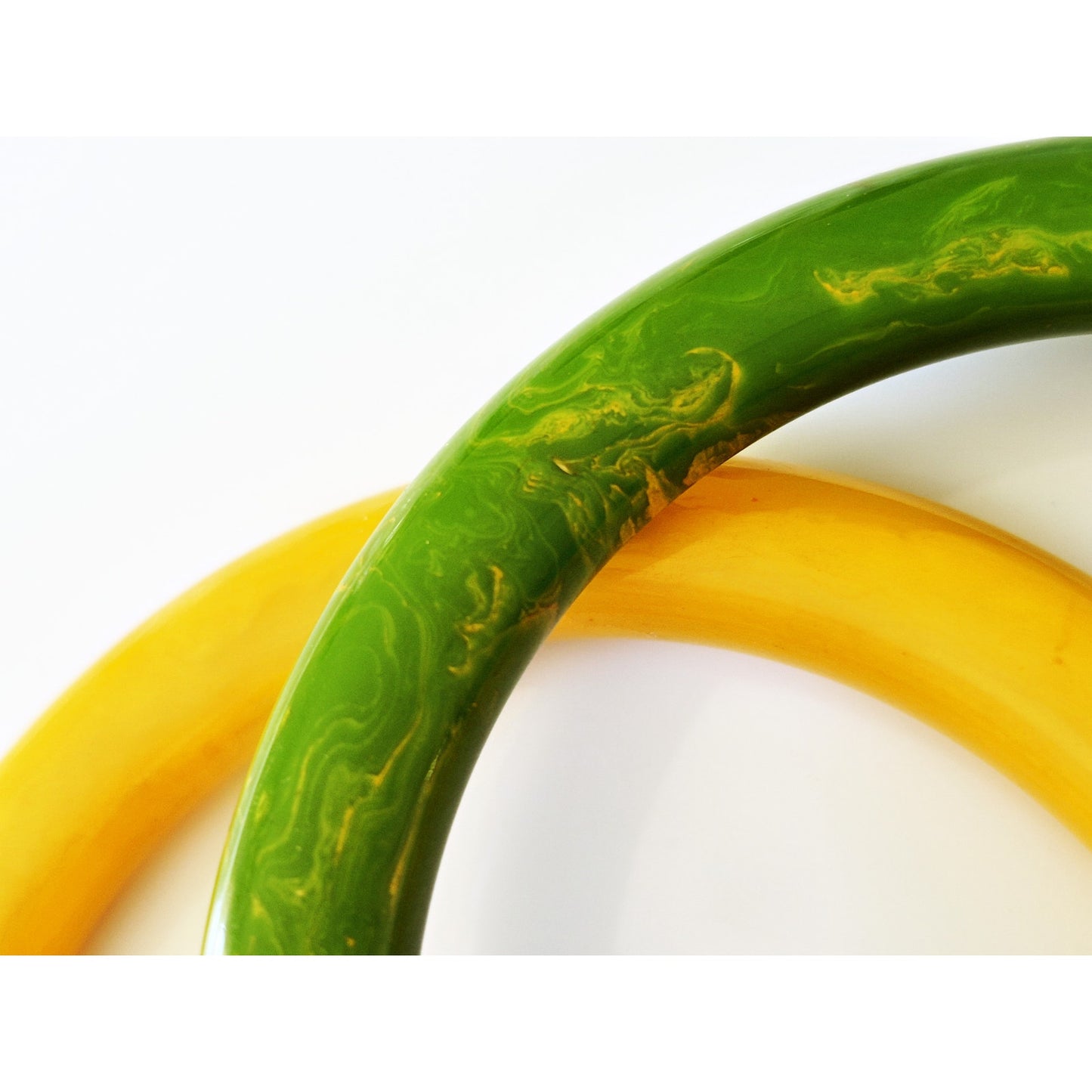 Vintage  Butterscotch Yellow and Green Swirl Bakelite Bangles - Set of 2