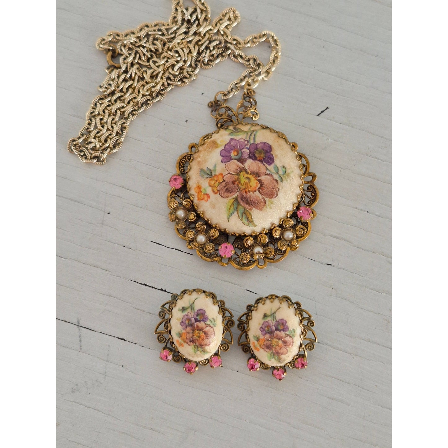 Vintage West Germany Pink Floral Necklace and Earring Set