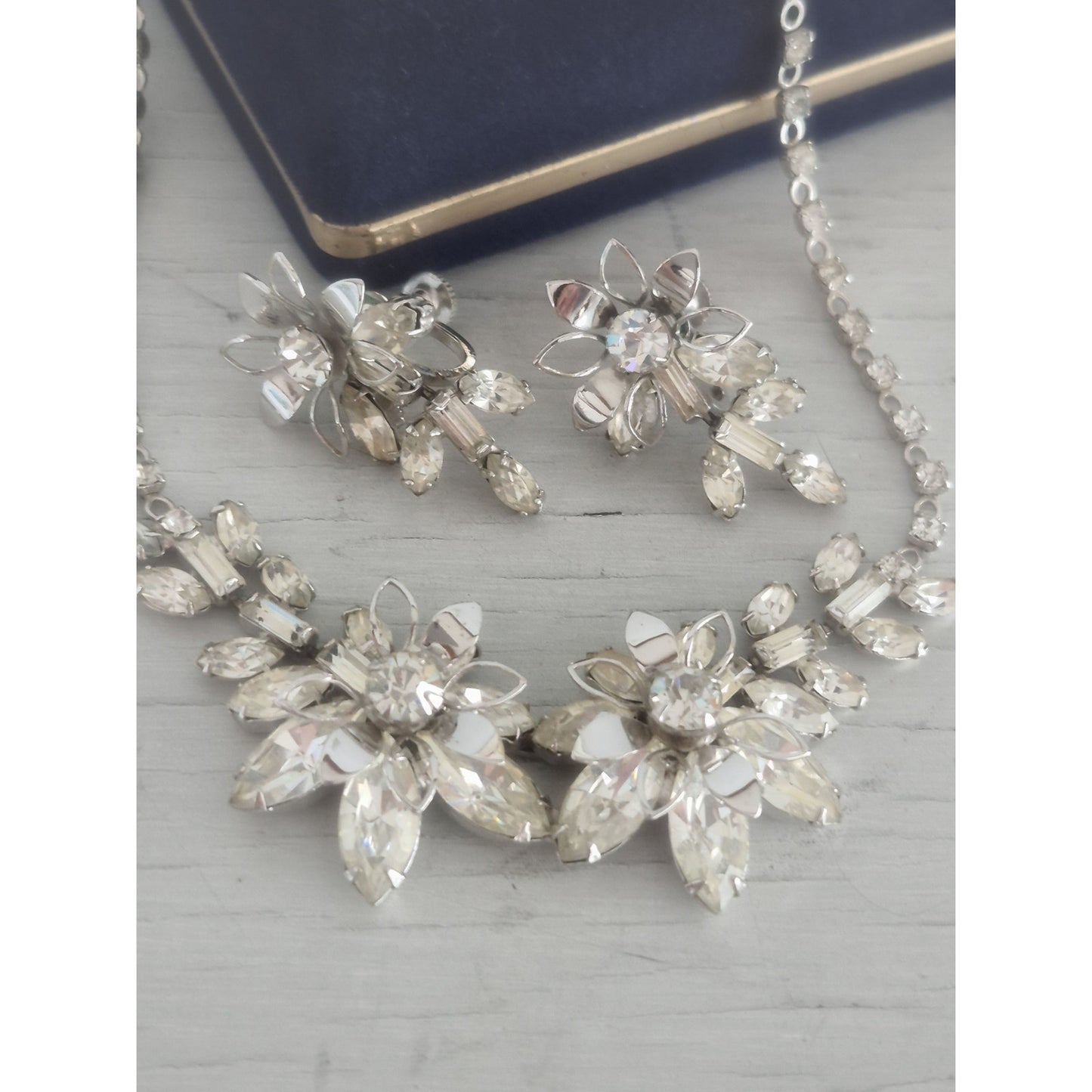 Vintage Duane Signed Floral Rhinestone Necklace and Earring Set