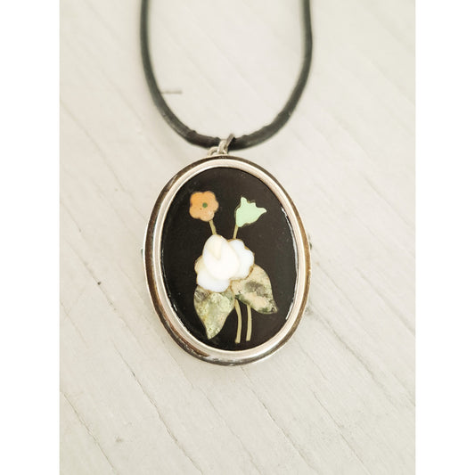 Antique 800 Silver Pietra Dura Mosaic Inlaid Stone Pendant Brooch Necklace