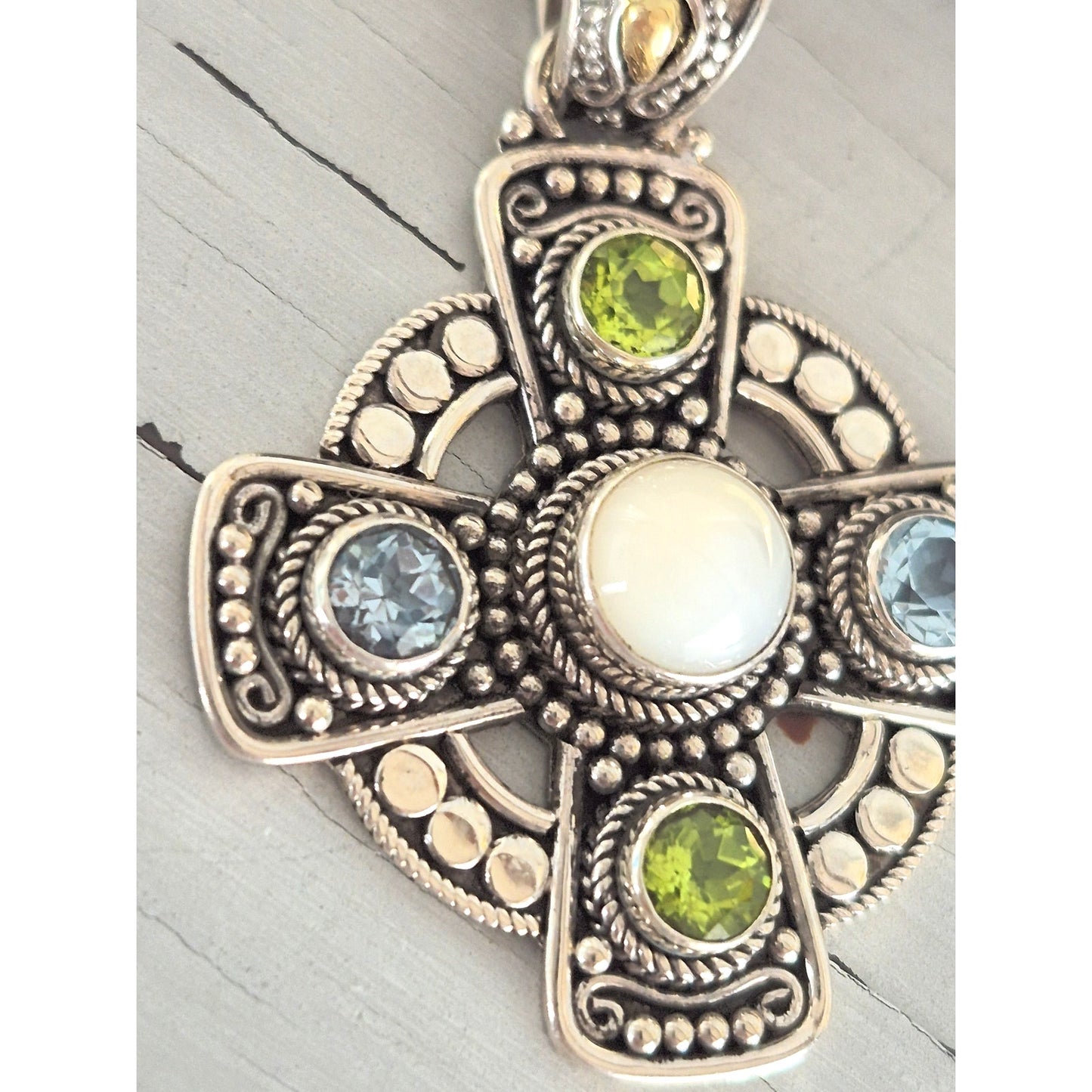 Vintage Sterling Silver 18K Gold Suarte Bali Peridot and Pearl Cross Pendant