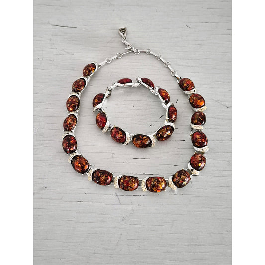 Vintage Coro Designer Red and Gold Confetti Necklace and Bracelet Set