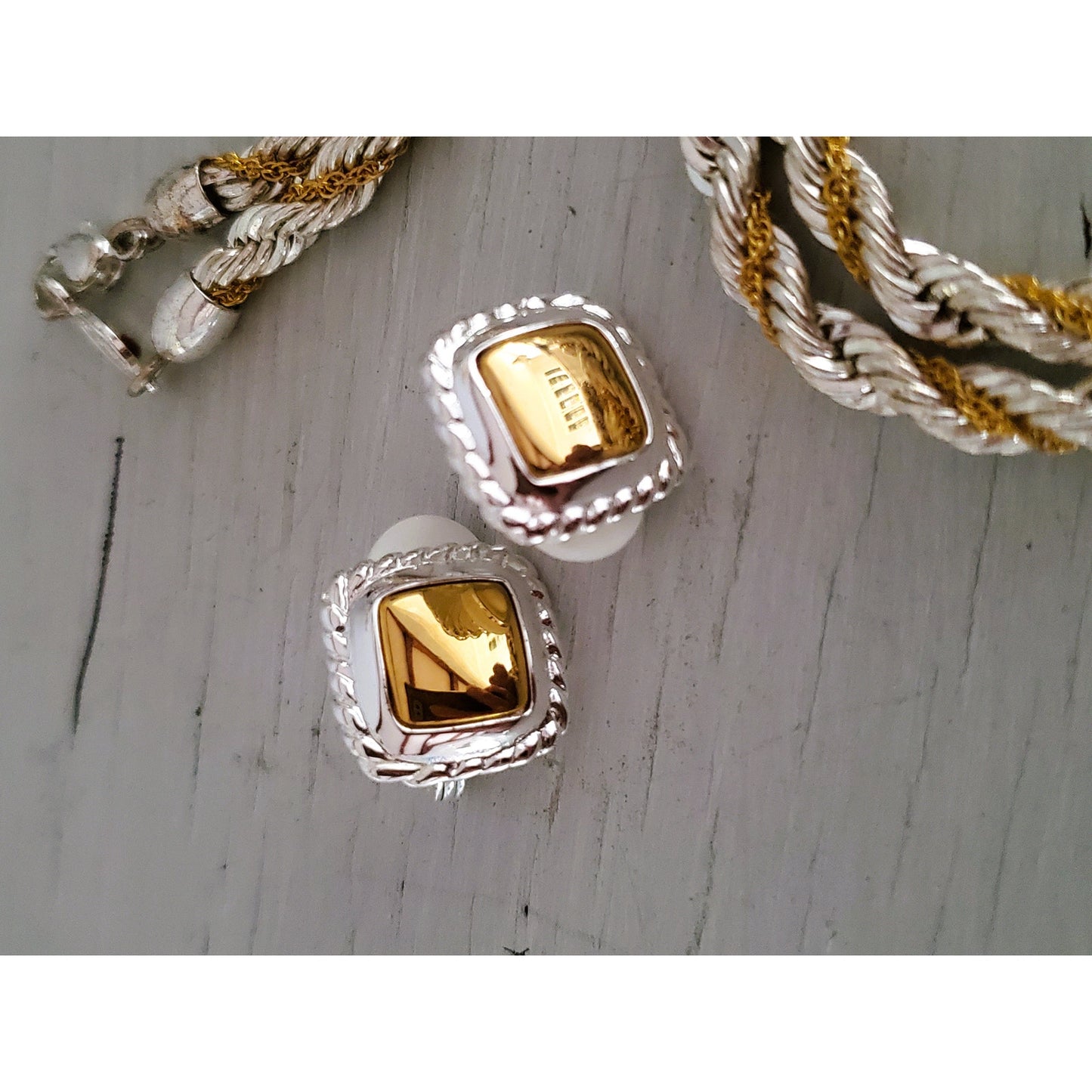 Vintage Silver and Goldtone Napier Rope Necklace and Earring Set