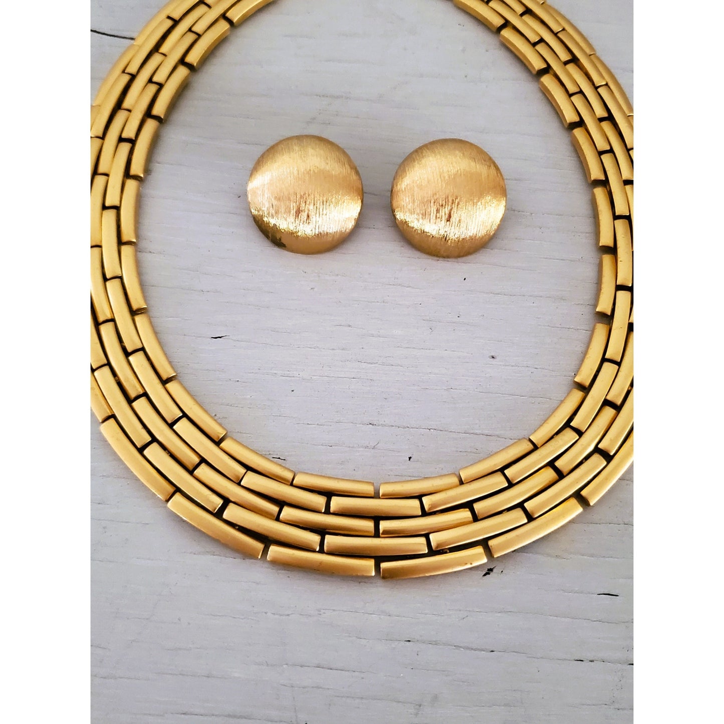 Vintage Monet Goldtone Wide Basketweave Wide Necklace and Earring Set