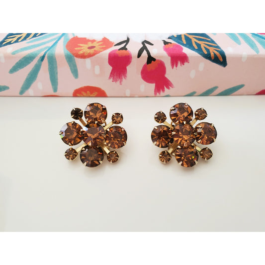 Vintage Weiss Amber Topaz Rhinestone Clip On Earrings