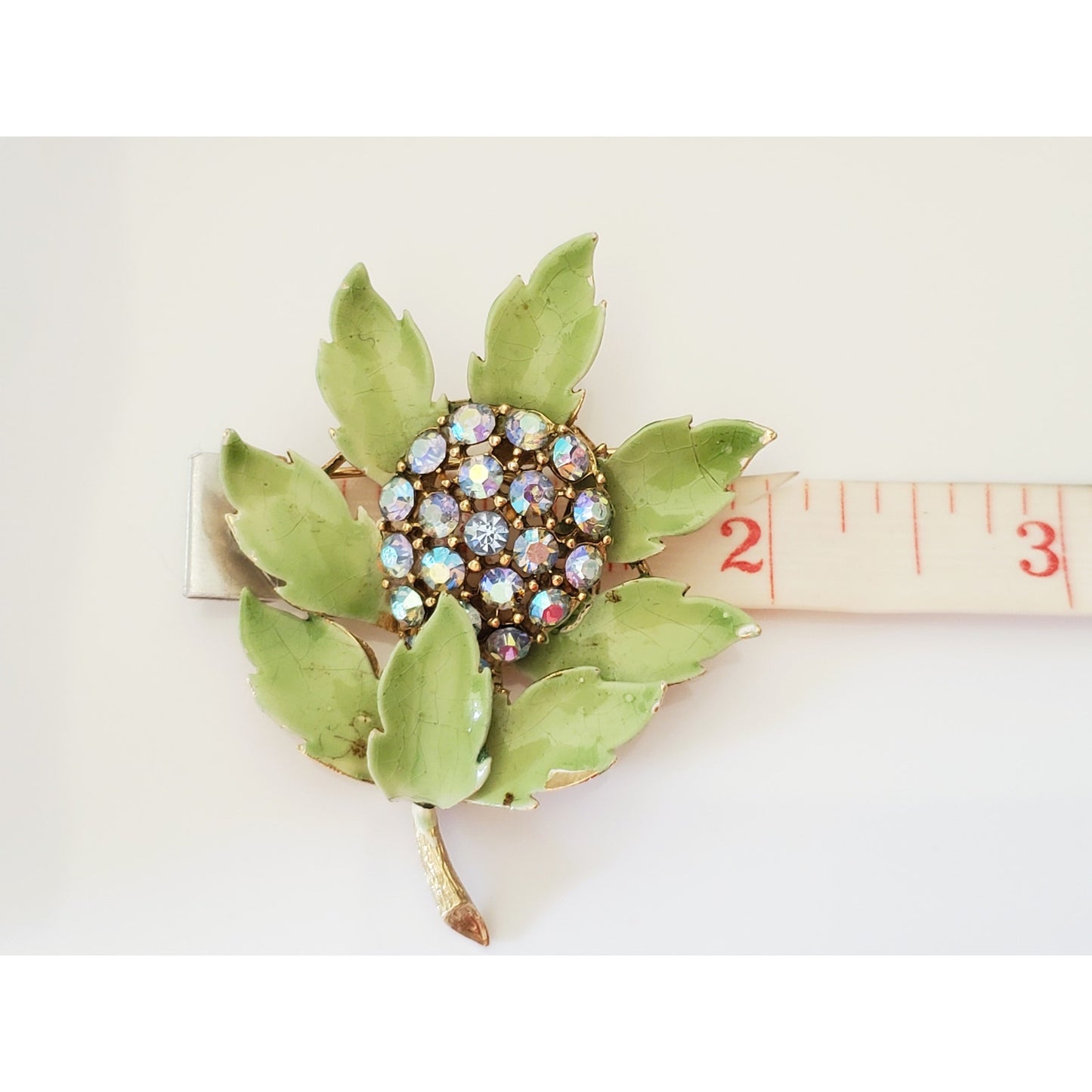 Vintage Lisner Sage Green Enamel Leaf AB Rhinestone Brooch